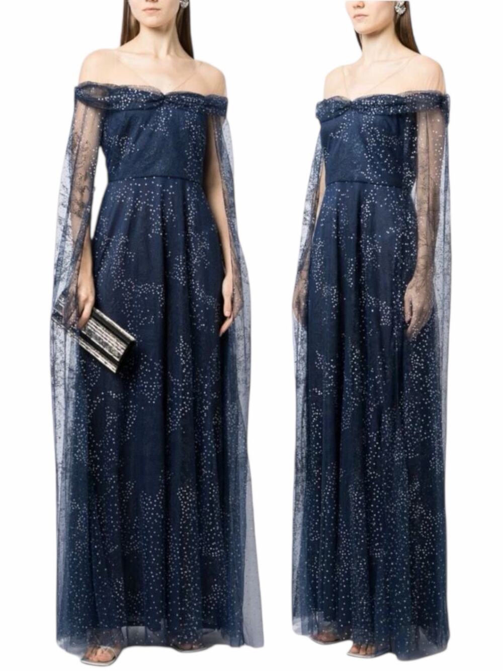 Marchesa Notte Tulle Overlay Cape Embellished Gown Blue Size 0